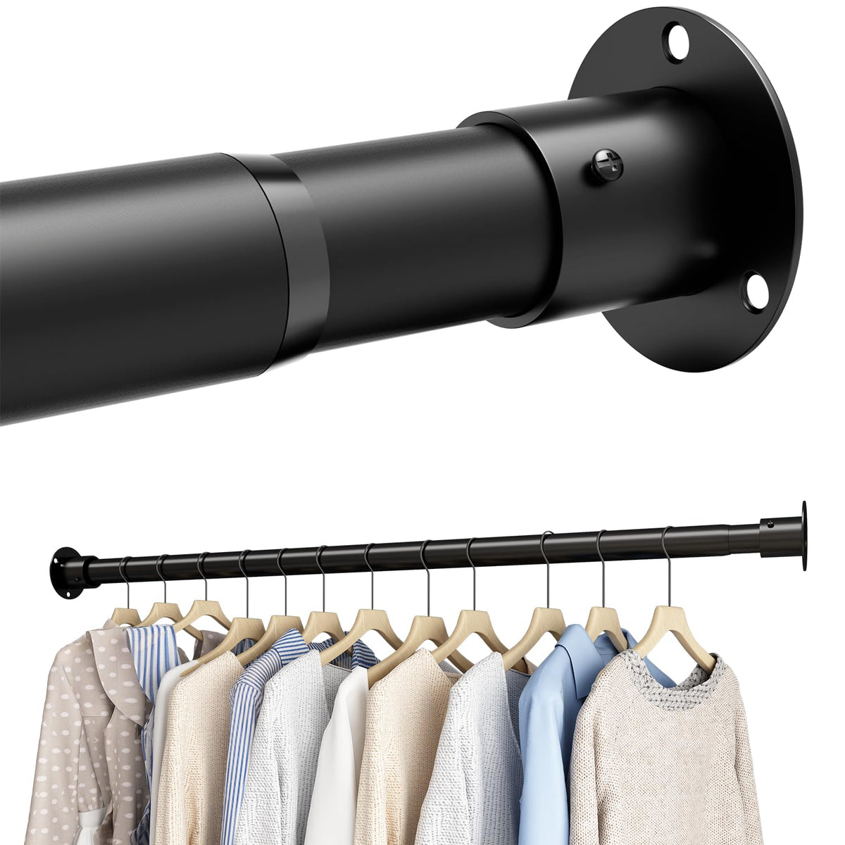 Wardrobe Rails and Fittings, Extendable Clothes Rail, Wardrobe Pole for Wardrobe and Cloakroom, Black, 68-90cmDiameter 32mm