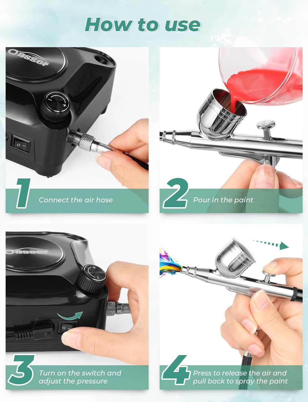 Oasser Dual Action Airbrush Compressor Kit – 36PSI with 3 Nozzle Sizes