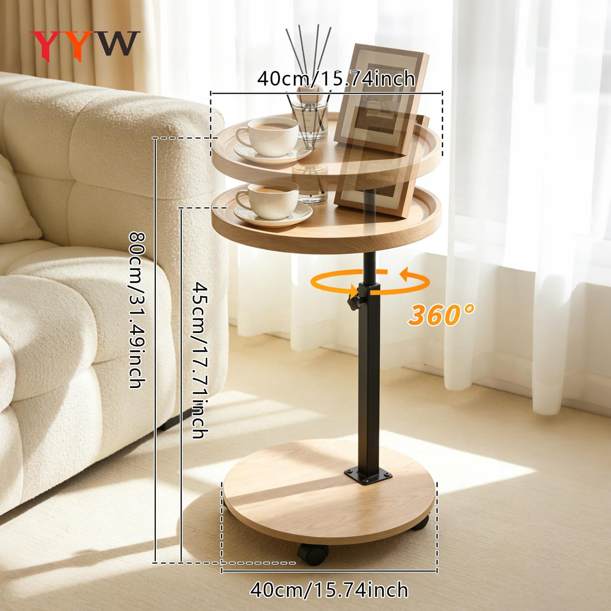 YYW C Shaped End Table Adjustable Height, Couch Tables That Slide Under for Small Spaces, 360°Swivel TV Tray Table