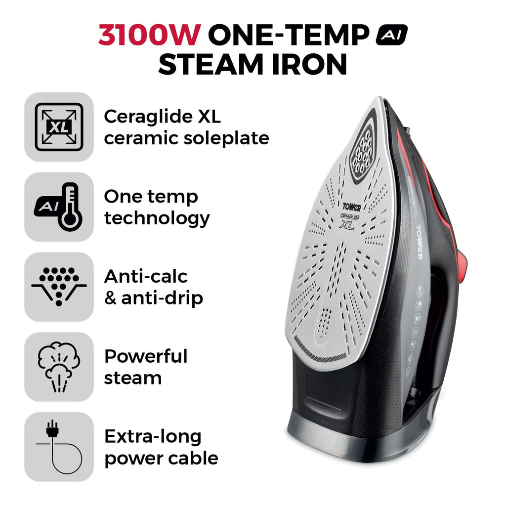 Tower T22034RED Steam Iron | 3100W Ceraglide XL Ceramic Soleplate - Red