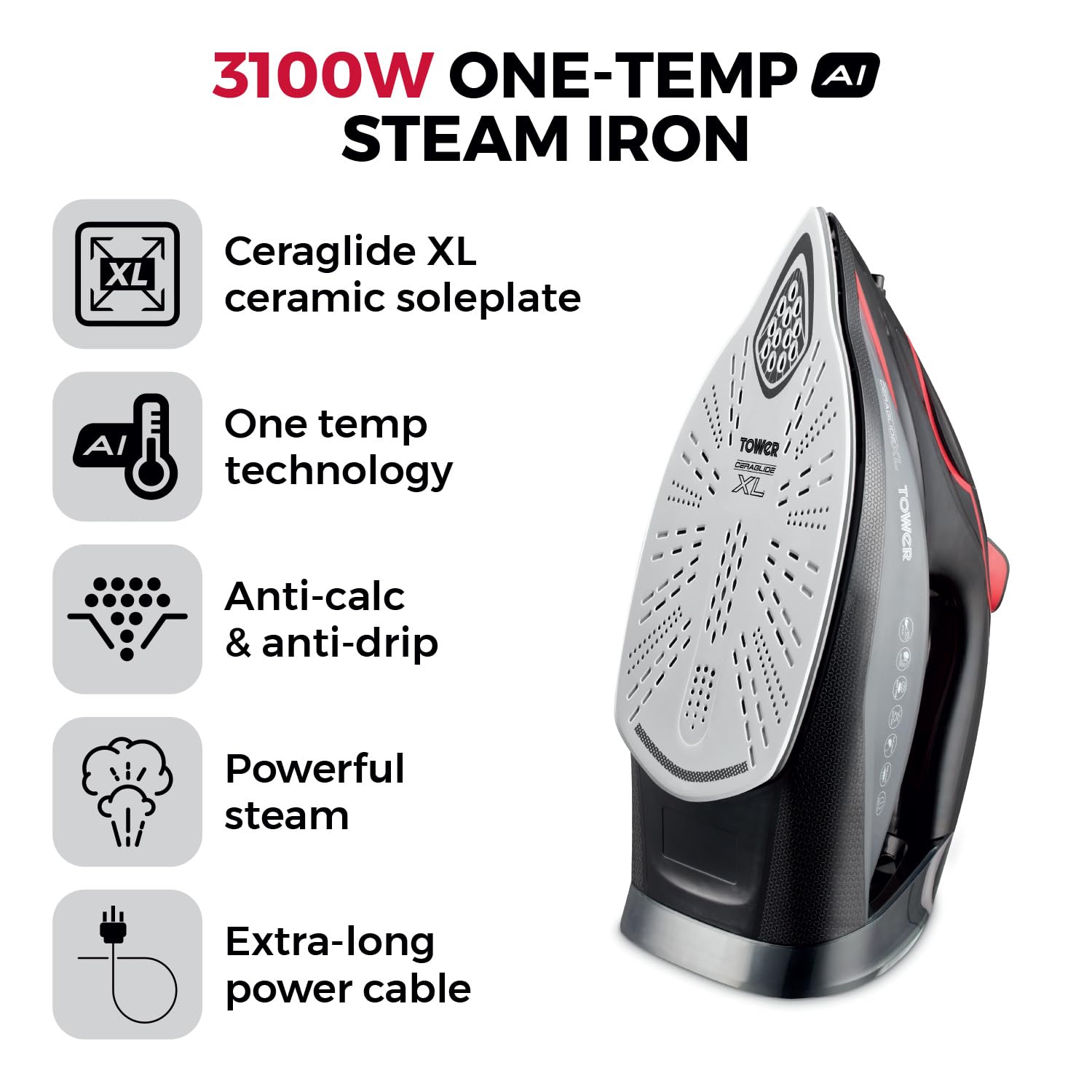 Tower T22034RED Steam Iron | 3100W Ceraglide XL Ceramic Soleplate - Red
