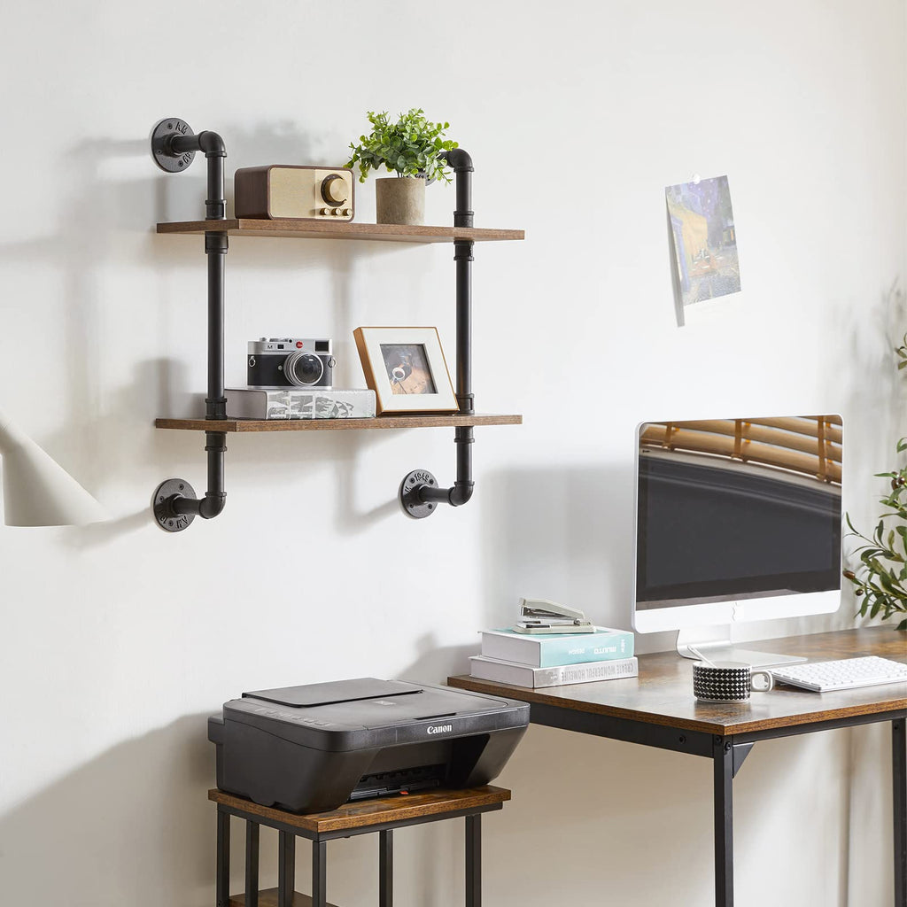 YMYNY 2-Tier Industrial Pipe Wall Mount Shelves | Rustic Wood Storage
