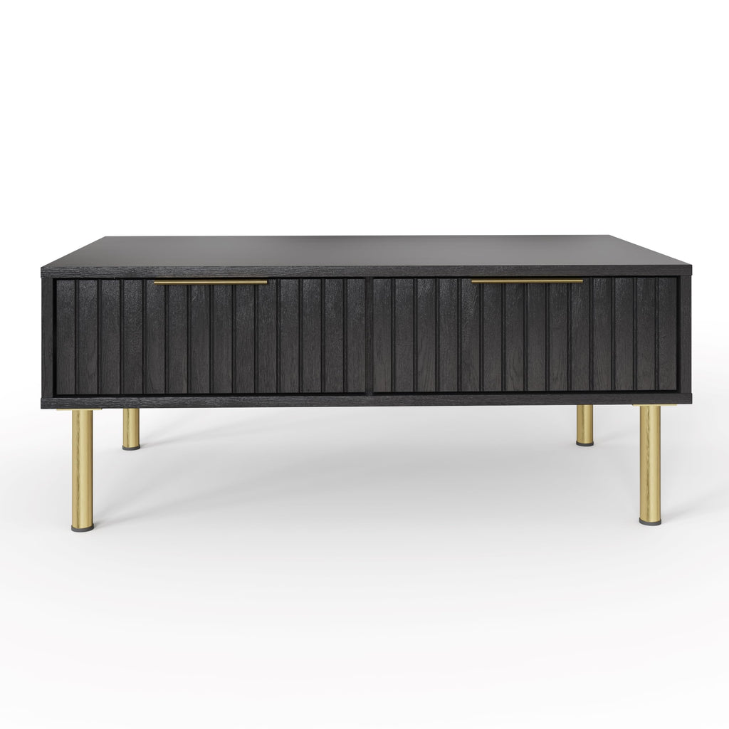 GFW Nervata Coffee Table, Black Coffee Table with 2 Drawers, Art Deco Style Living Room Table with Gold Accents and Wood Grain Texture - image 2