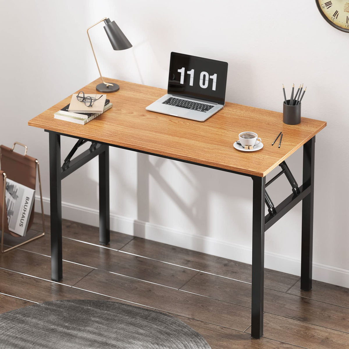 sogesfurniture Folding Table Office Study Writing Desk Workstation Dining Table, No Install Needed, 80x40x75cm, Teak&Black BHEU-LP-AC5YB-8040 - image 3