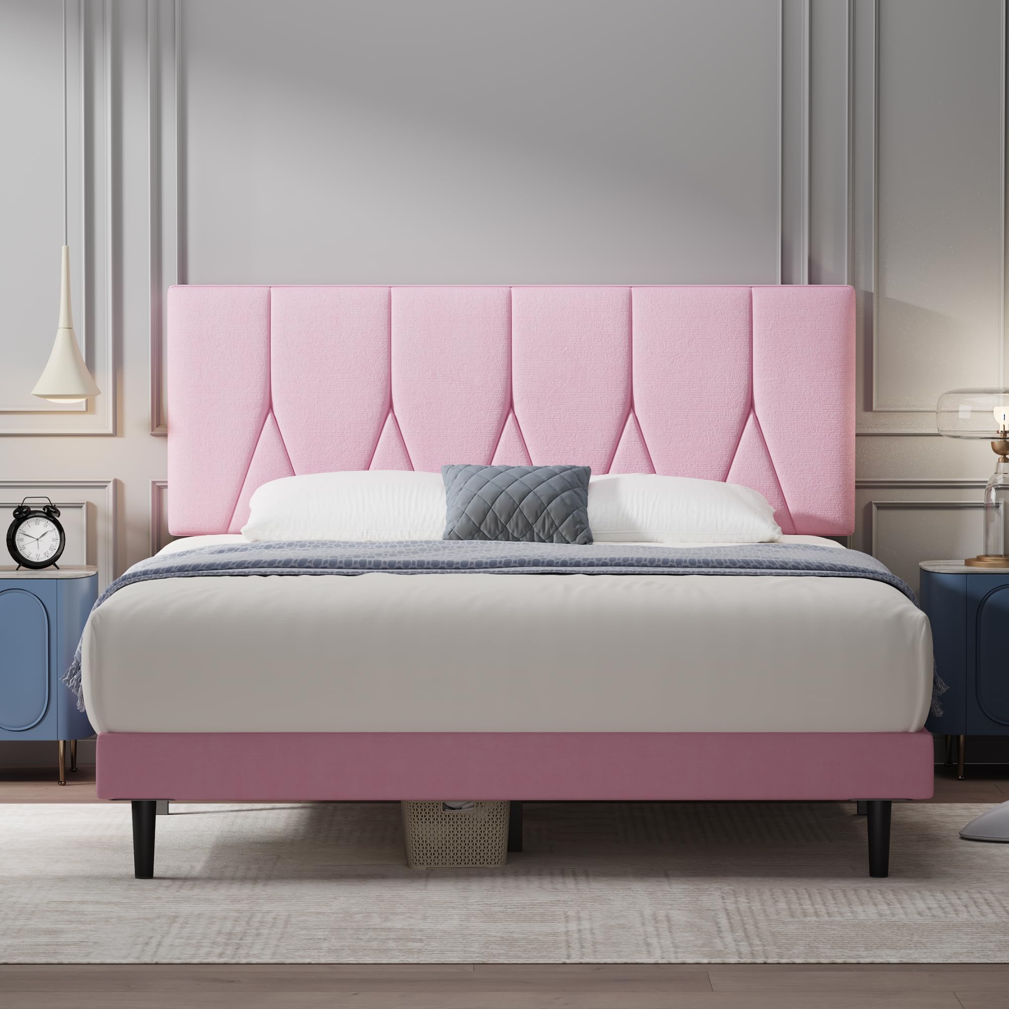 Yocreat Single Upholstered Bed Frame with Linen Headboard - Pink