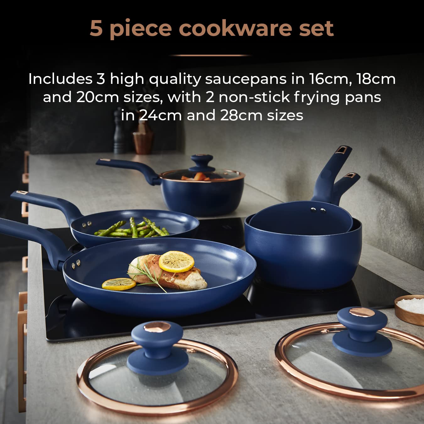 Tower Cavaletto 5 Piece Non-Stick Cookware Set - Midnight Blue & Rose Gold
