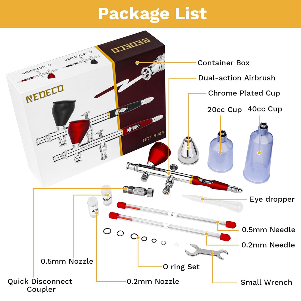 NEOECO SJ83 Dual-Action Gravity Feed Airbrush Kit with 3 Nozzle Sizes