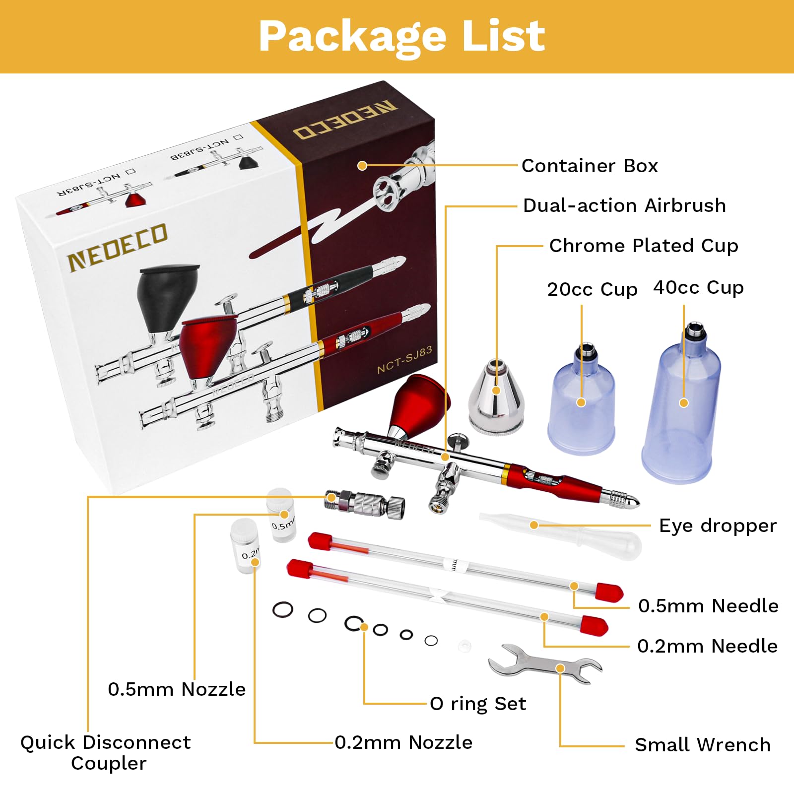 NEOECO SJ83 Dual-Action Gravity Feed Airbrush Kit with 3 Nozzle Sizes