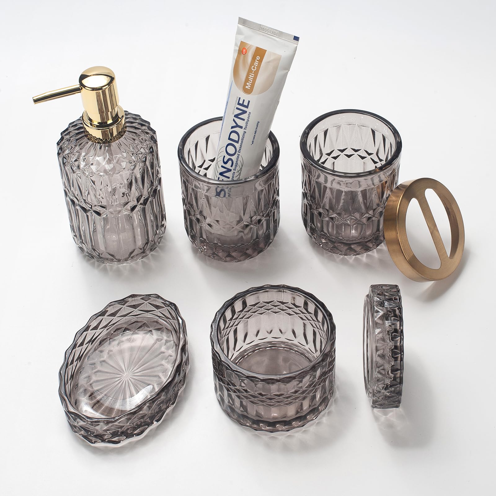 5-Piece Grey Glass Bathroom Accessories Set – Vintage Diamond Cut