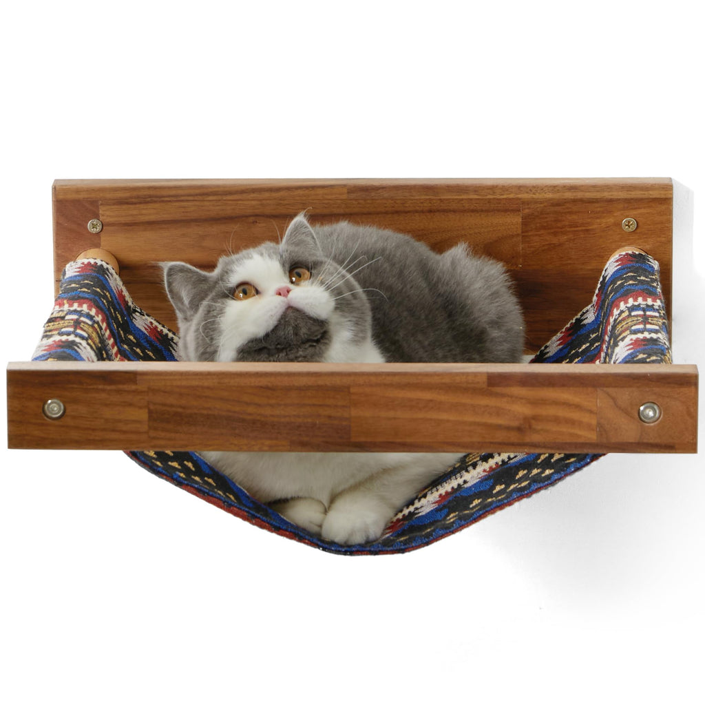 FUKUMARU Wall Mounted Cat Hammock – Large Walnut Wood Shelf and Bed