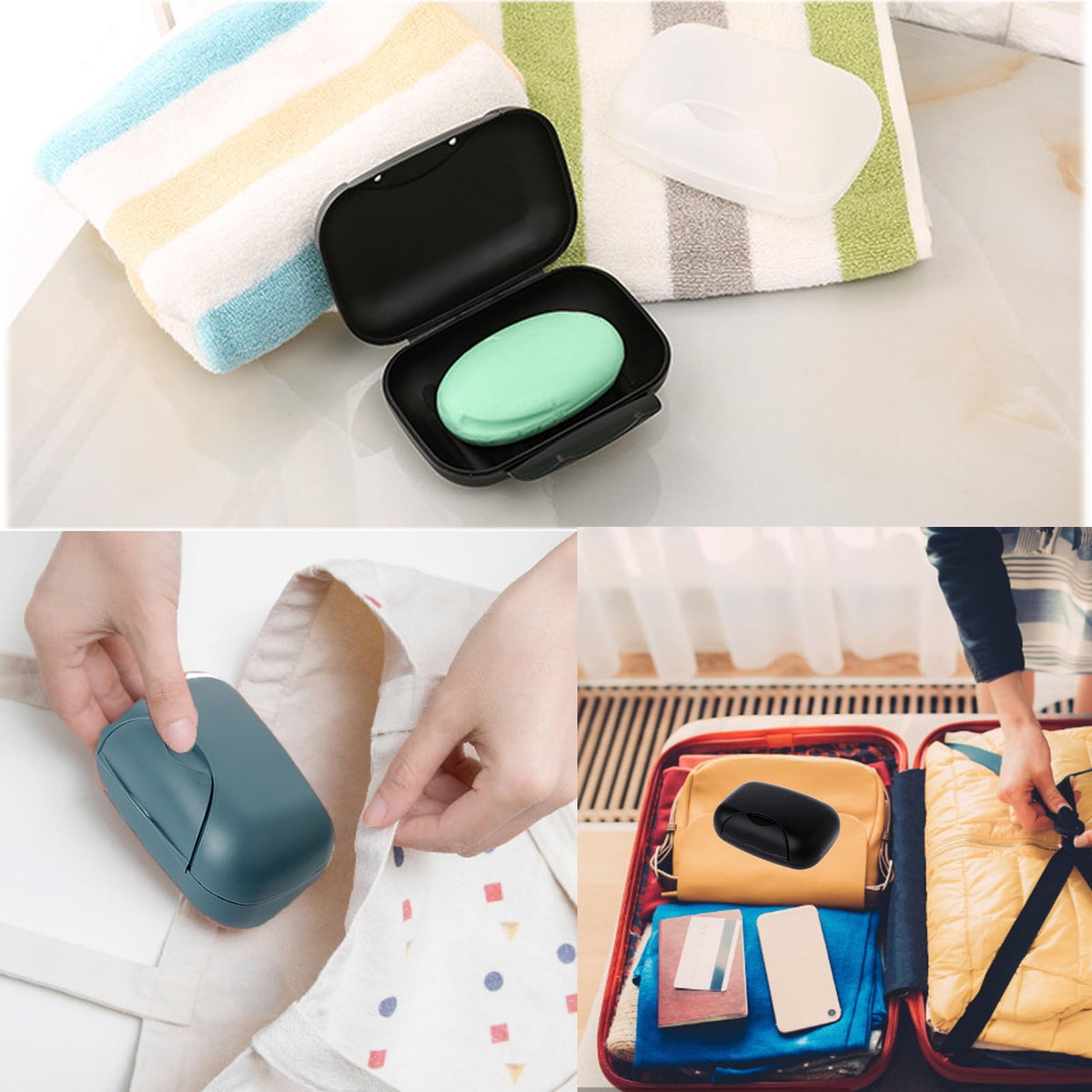 3-in-1 Soap Case - Waterproof & Leakproof Soap Bar Holder with Lid - Portable for Shower & Travel Black, White, Navy Blue