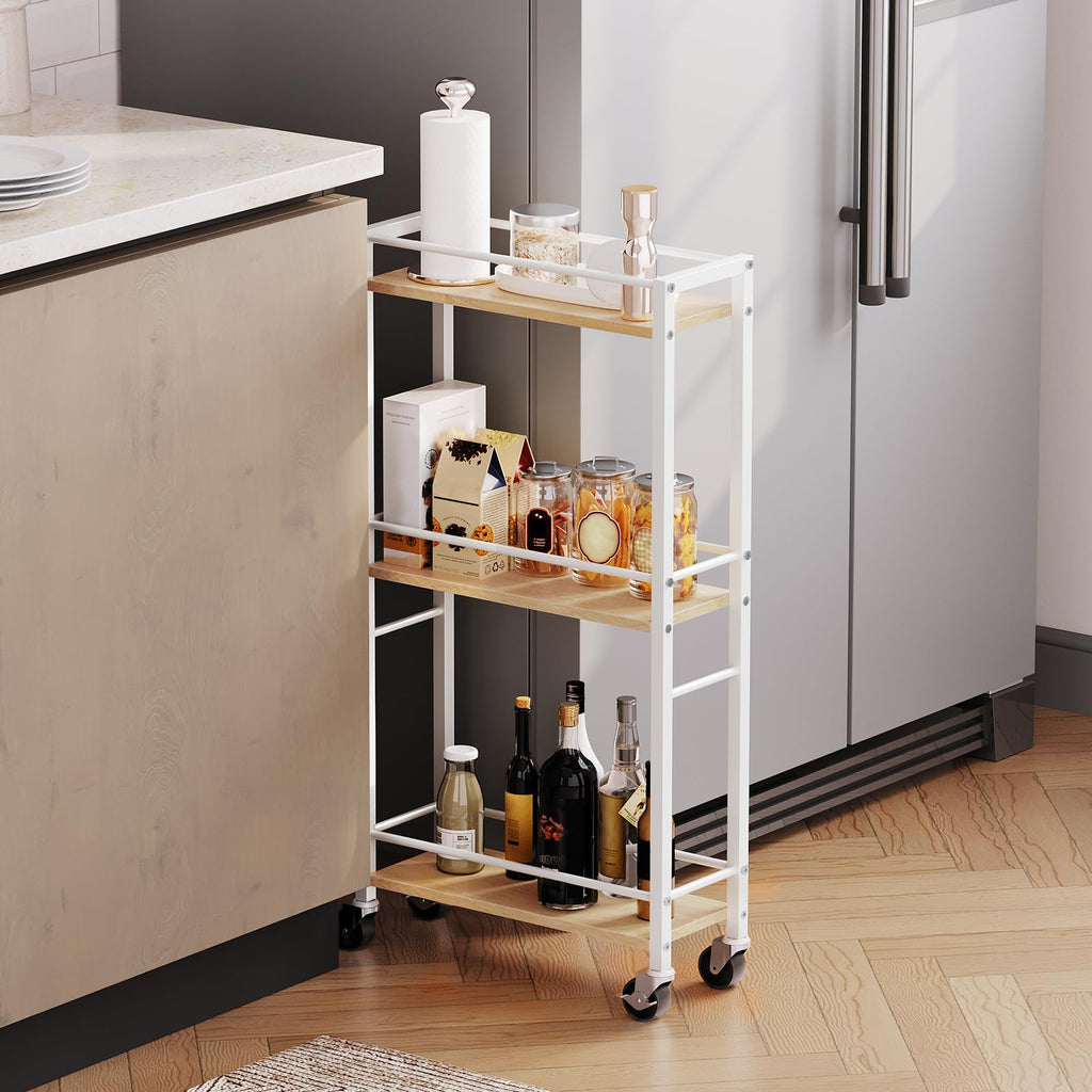 MAHANCRIS 3-Tier Slim Rolling Cart | Narrow Wooden Utility Storage Rack
