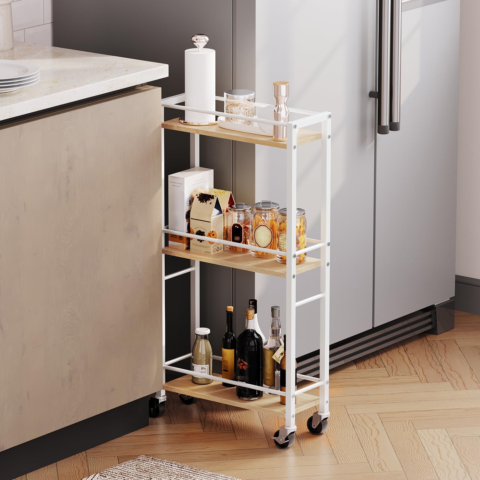 MAHANCRIS 3-Tier Slim Rolling Cart | Narrow Wooden Utility Storage Rack