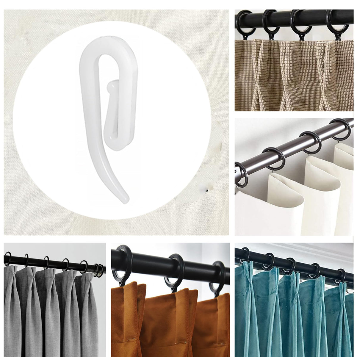 White Plastic Curtain Hooks for Door Window Curtain Header Tape Drapery Hooks 2.8x1.2cm 50PACK - image 5