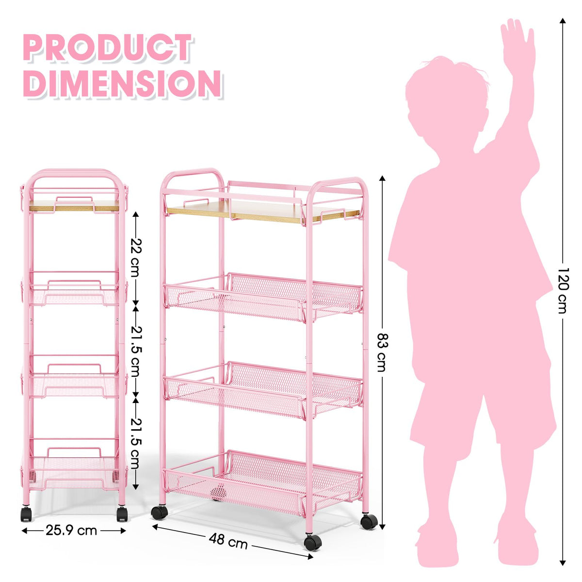 KINGRACK 4-Tier Rolling Cart with Wooden Tabletop & Mesh Baskets, Slide Out Metal Utility Cart