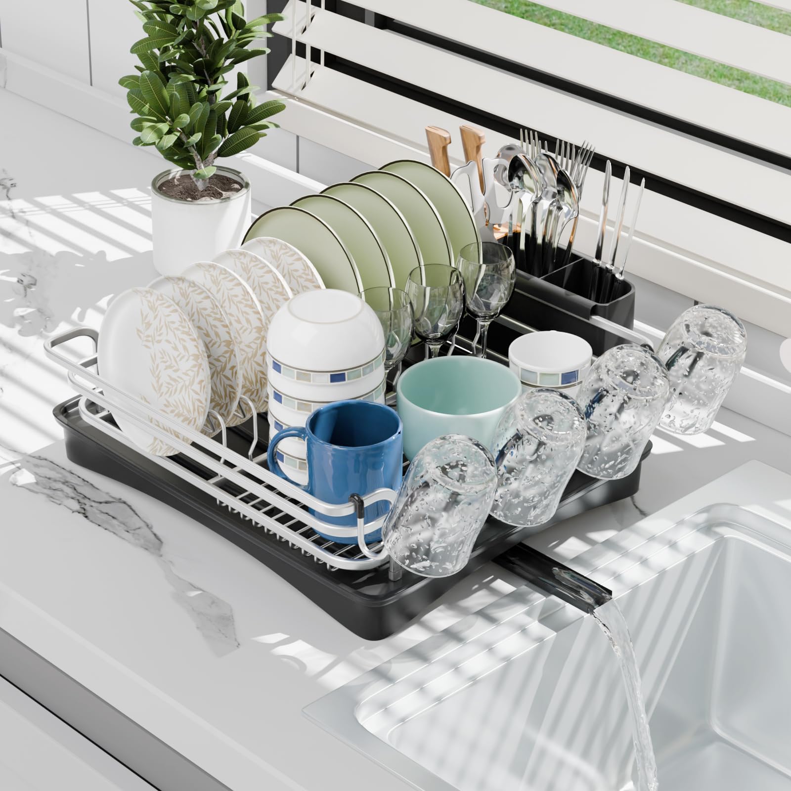 BRIAN & DANY Aluminum Dish Drying Rack with 360° Swivel Spout – Silver