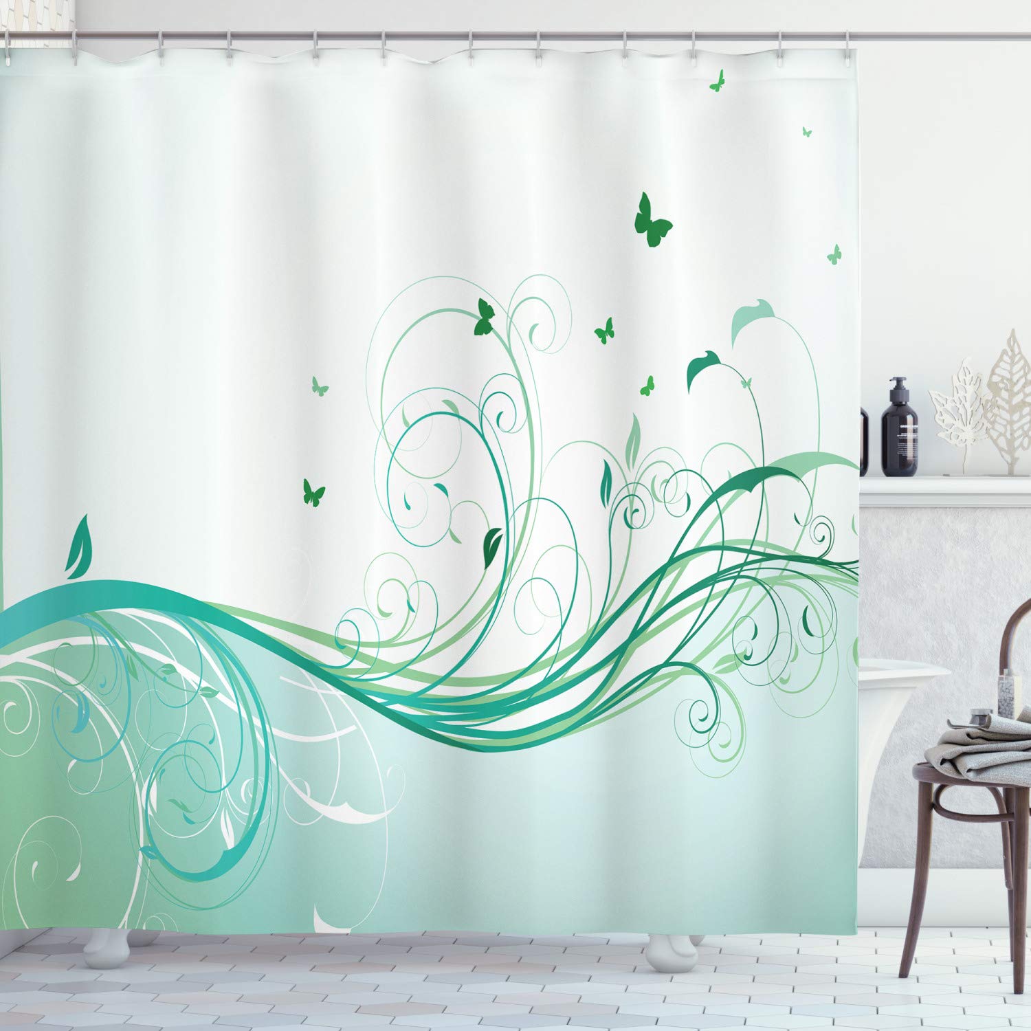 ABAKUHAUS Turquoise Floral Shower Curtain – Victorian Style Fabric Decor