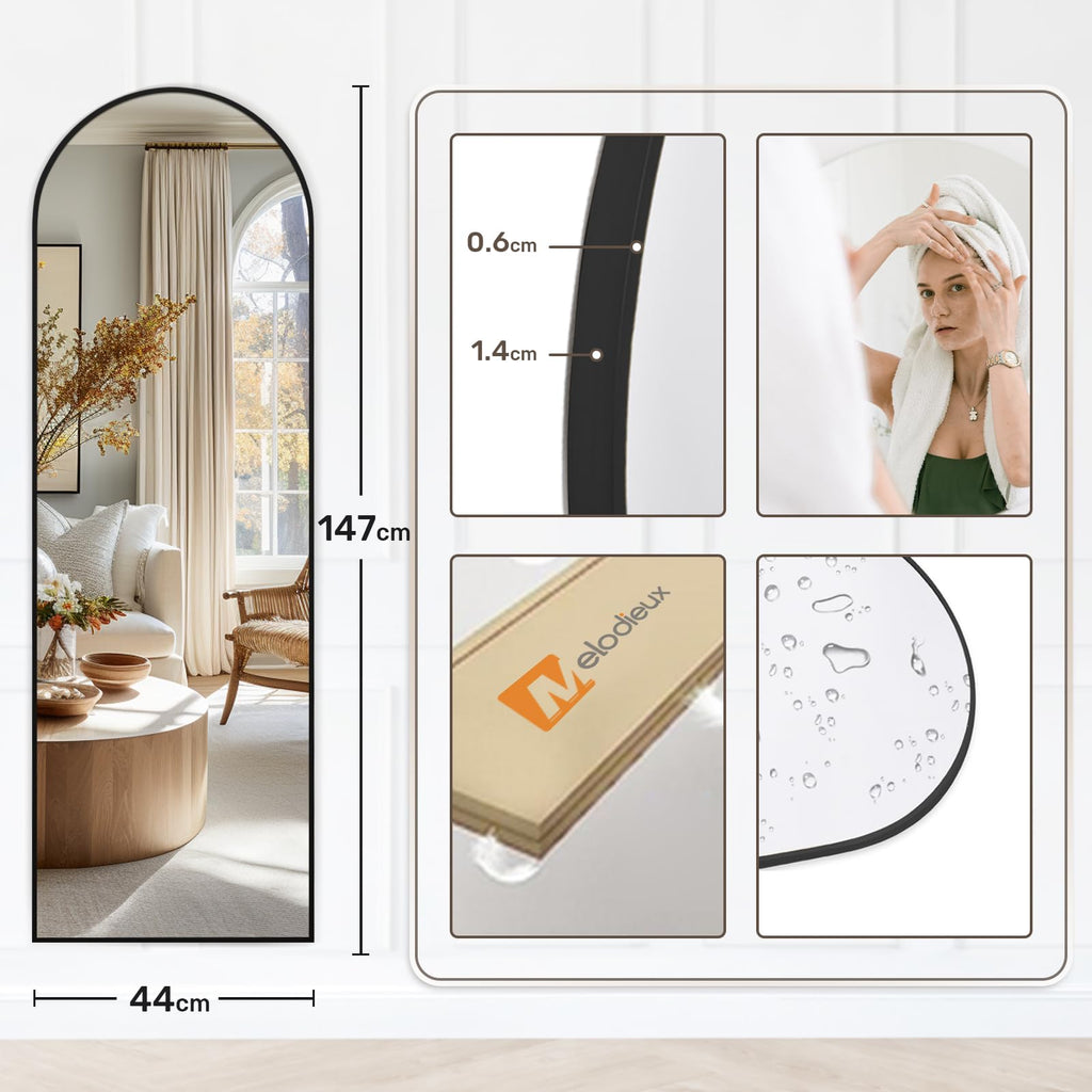 Melodieux Arch Full Length Mirror | 147x44cm Black Aluminium Frame