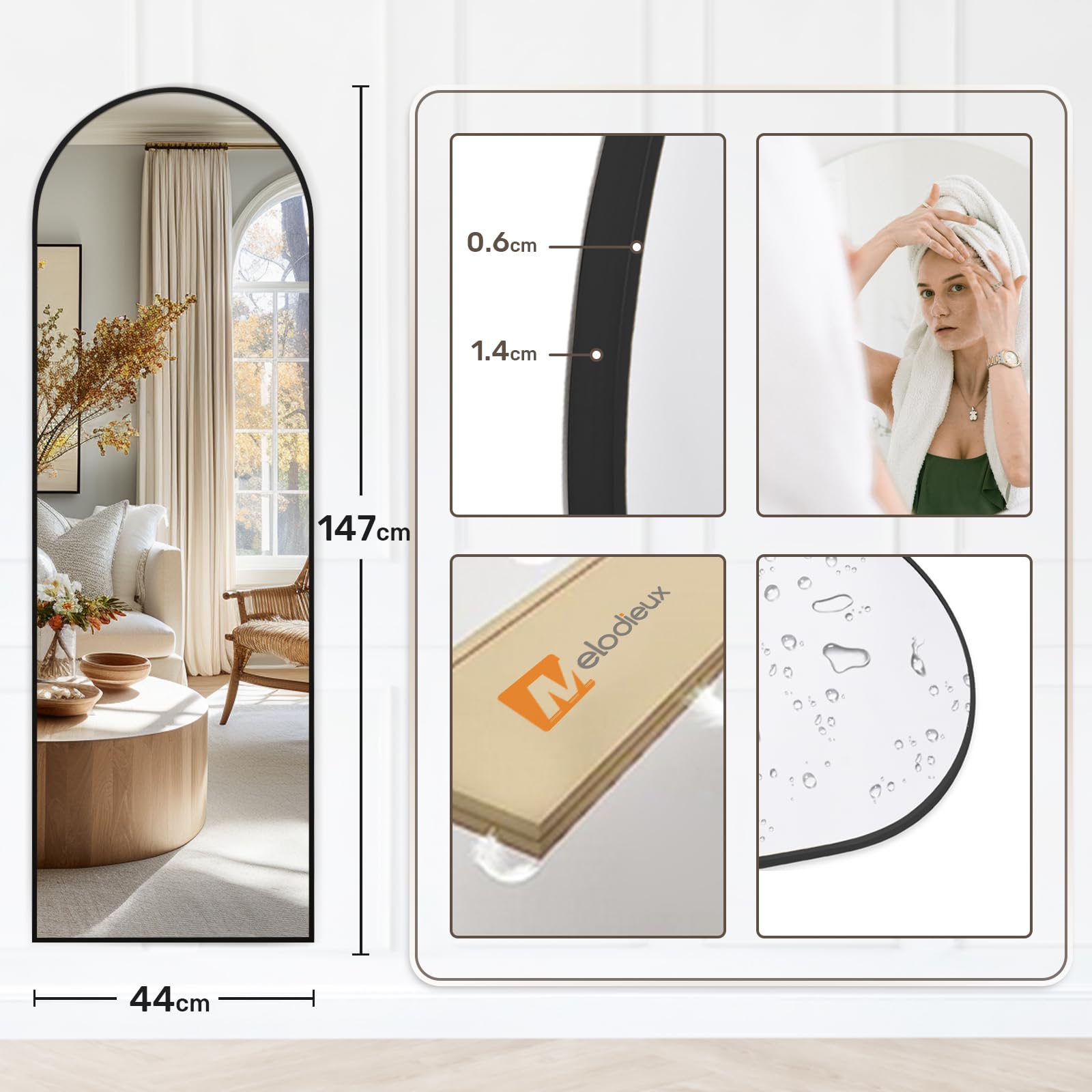 Melodieux Arch Full Length Mirror | 147x44cm Black Aluminium Frame
