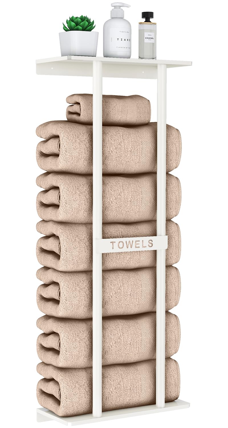 STWWO Wall Mounted Bath Towel Rack with Shelf – 76cm White Metal Holder