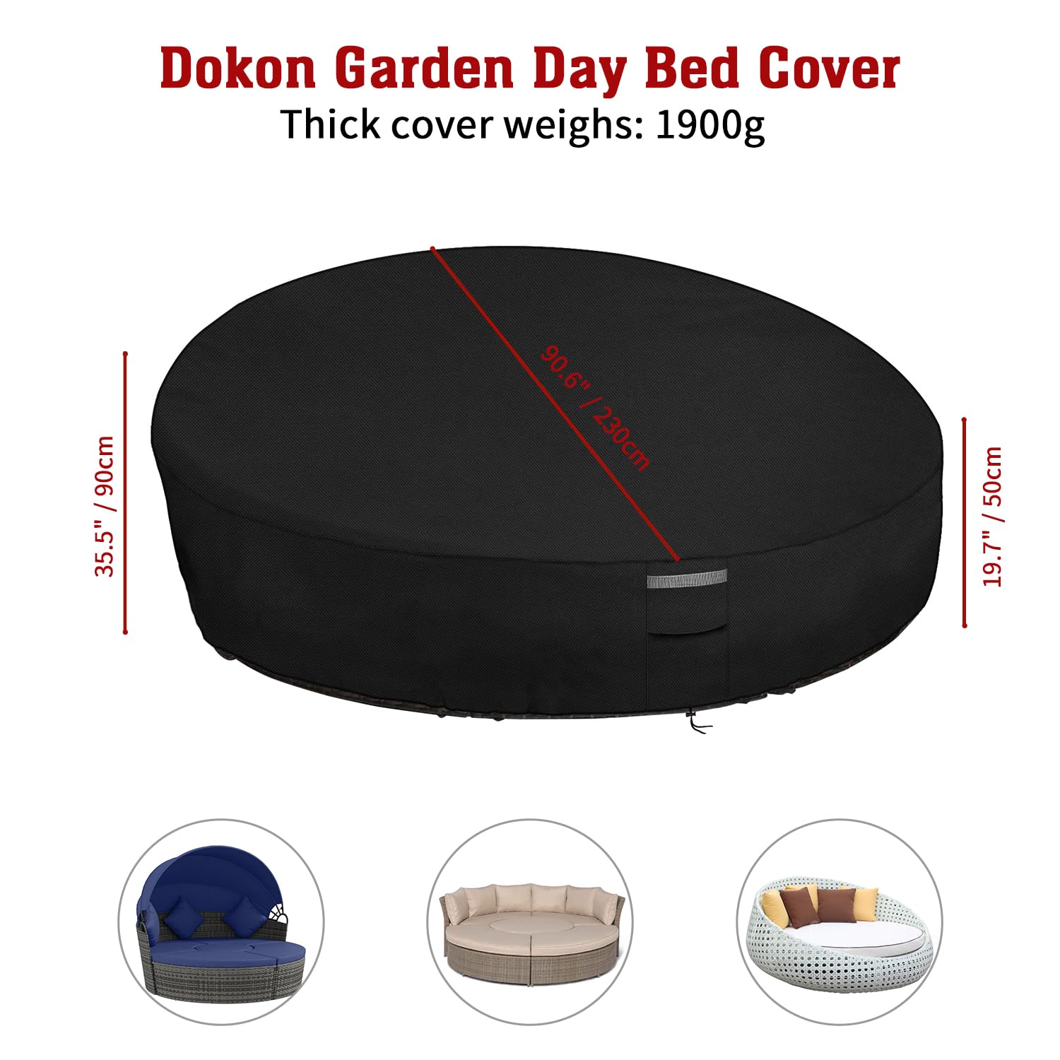 Dokon Round Garden Day Bed Cover – Heavy Duty 600D Oxford Fabric, Black