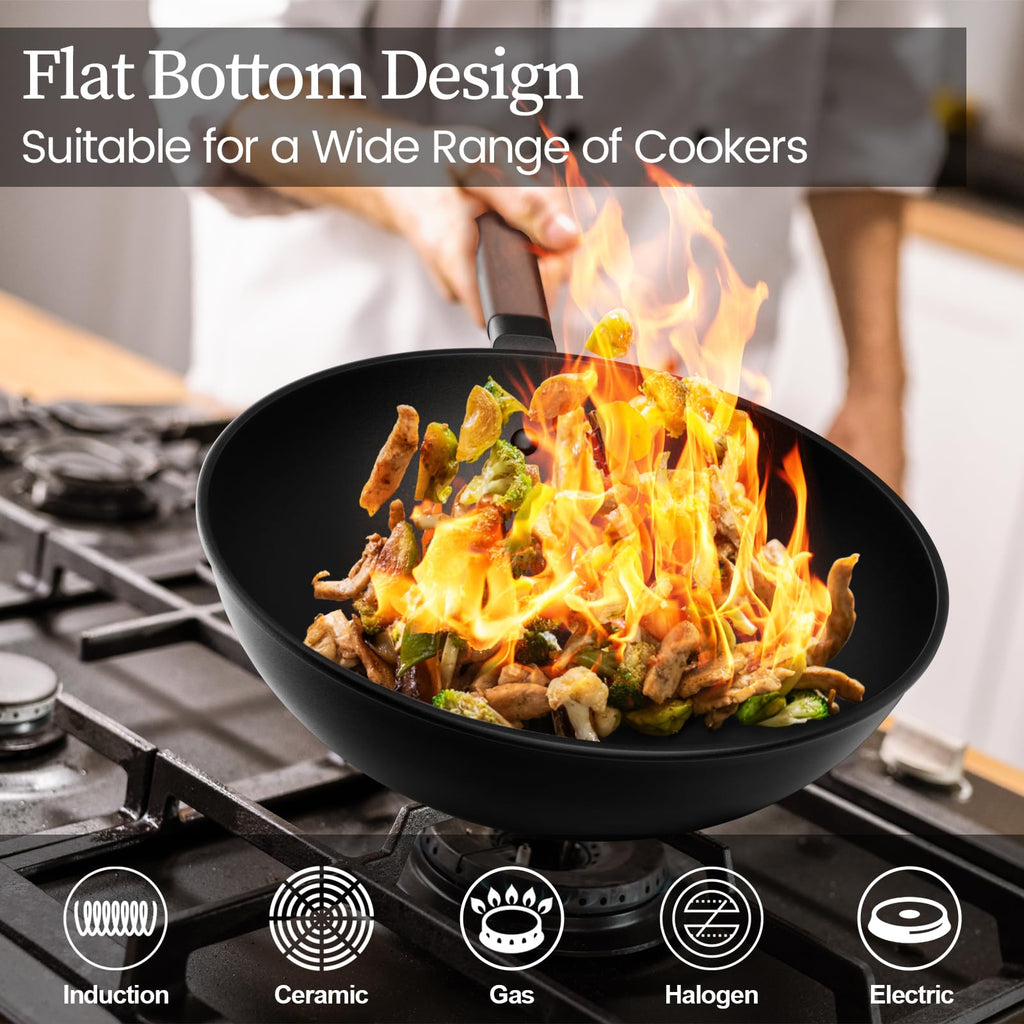 Jobin 13" Carbon Steel Wok with Lid – Non-Stick Flat Bottom Stir Fry Pan