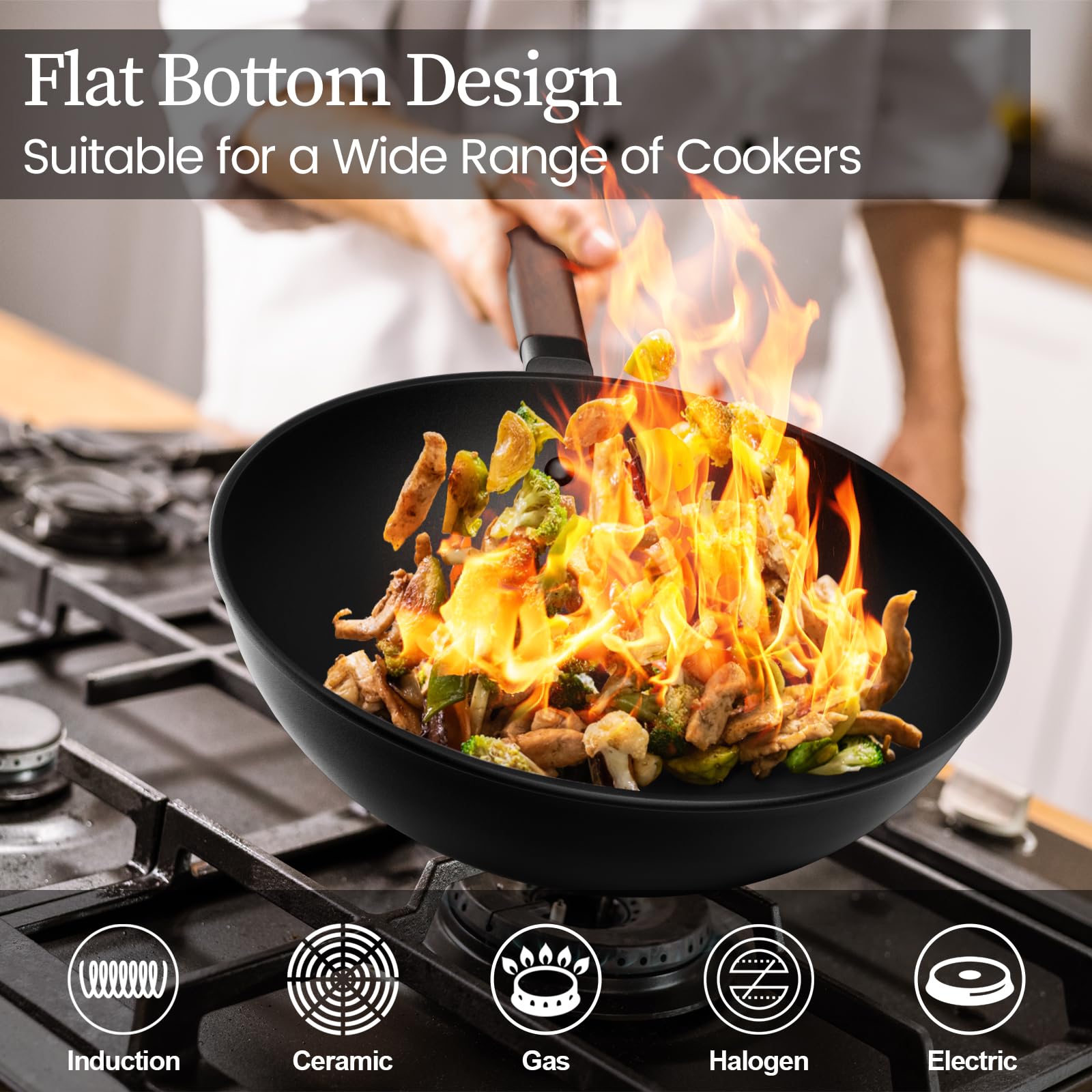 Jobin 13" Carbon Steel Wok with Lid – Non-Stick Flat Bottom Stir Fry Pan