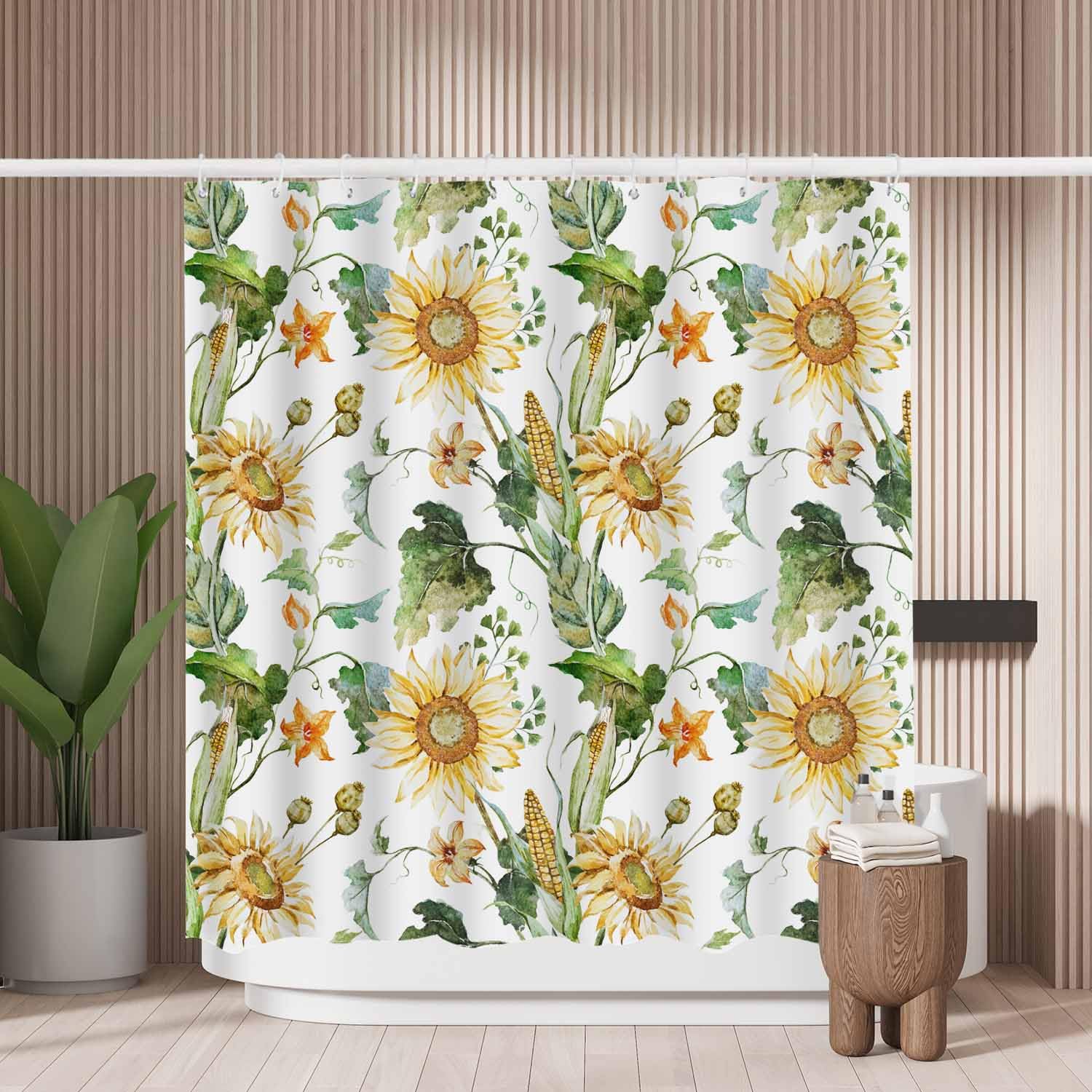 Woutay Sunflower & Pumpkin Shower Curtain | Mold Resistant Polyester