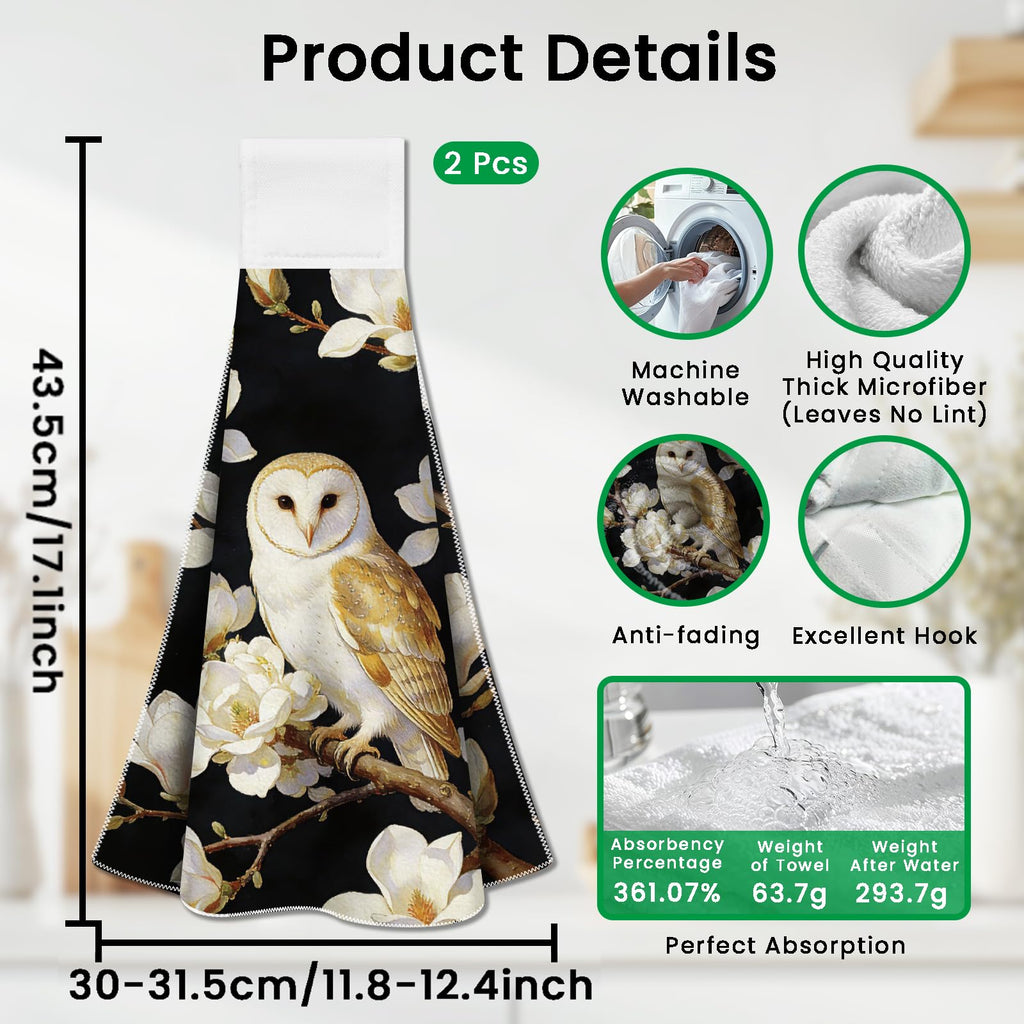 CUTHOLLOW 2 Pcs Owl and White Magnolia Hanging Kitchen Towels with Loop - image 2