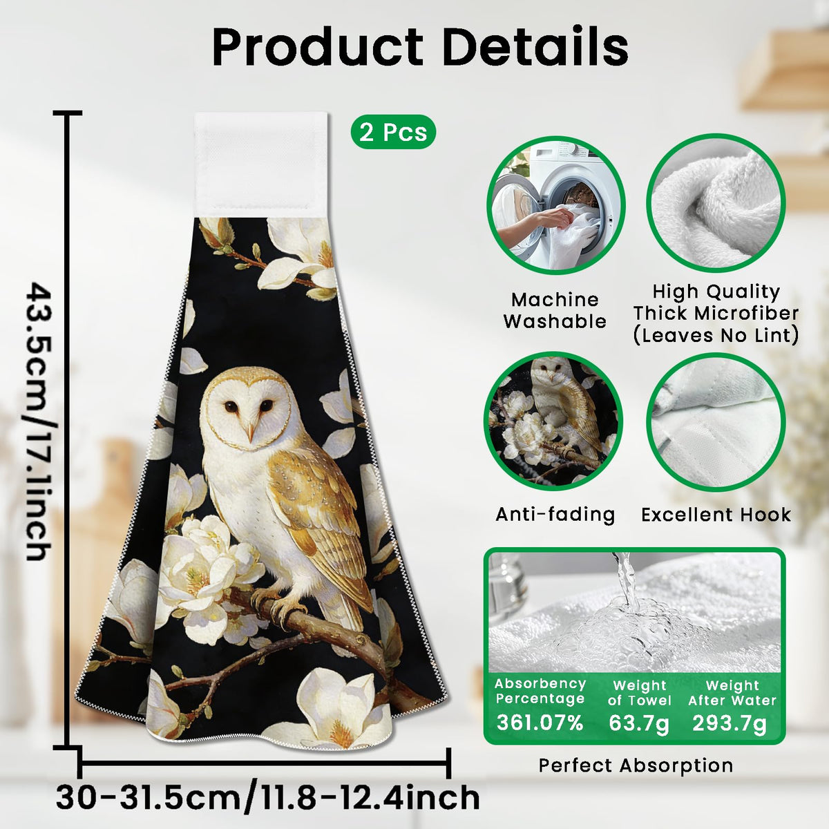 CUTHOLLOW 2 Pcs Owl and White Magnolia Hanging Kitchen Towels with Loop - image 2