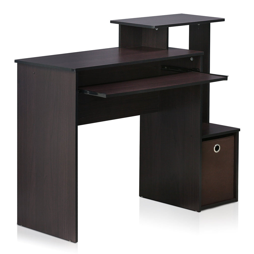 Furinno Econ Computer Desk with Storage Bin - Dark Walnut Wood