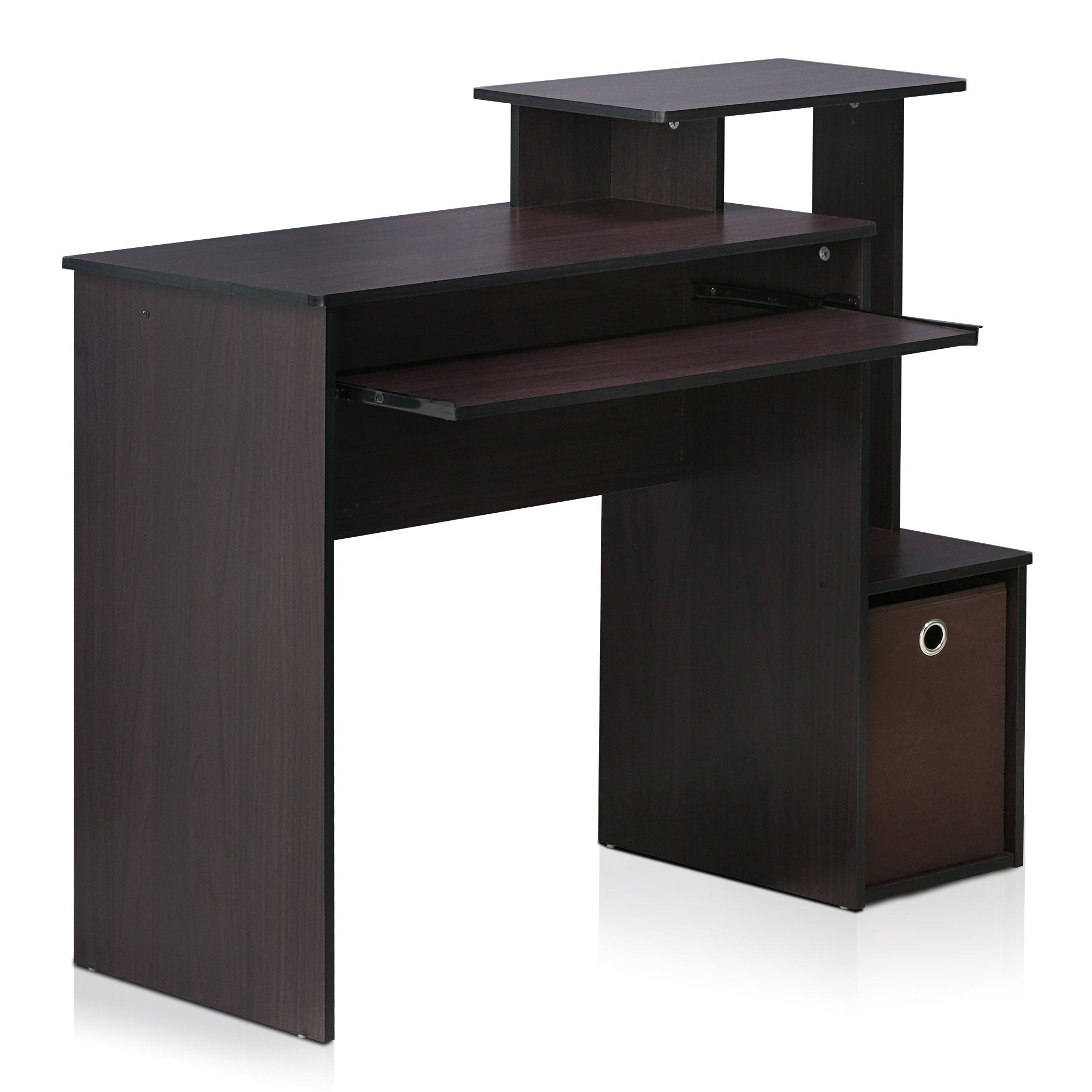 Furinno Econ Computer Desk with Storage Bin - Dark Walnut Wood