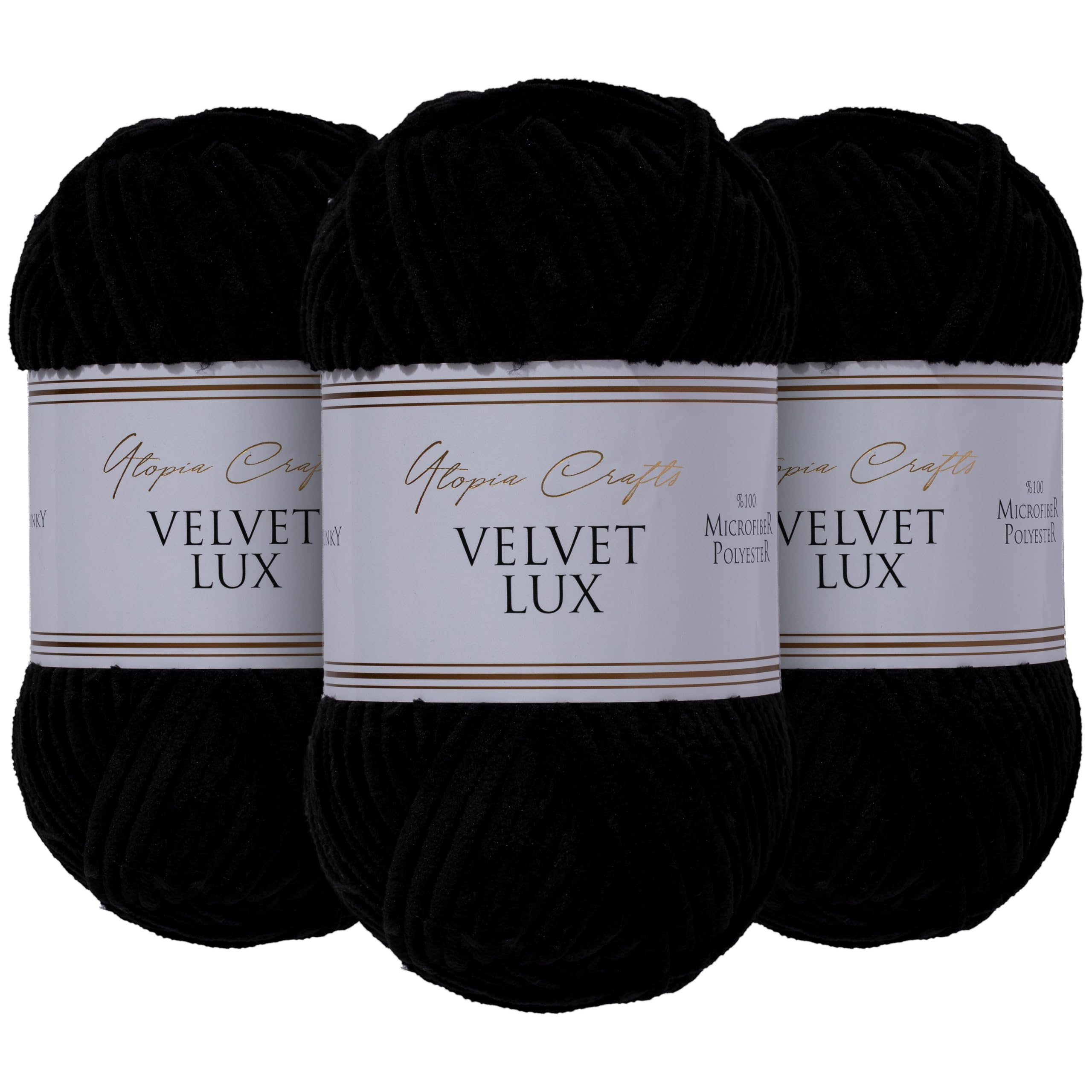 Utopia Crafts Velvet Lux Chenille Chunky Yarn - 3x100g Soft Black
