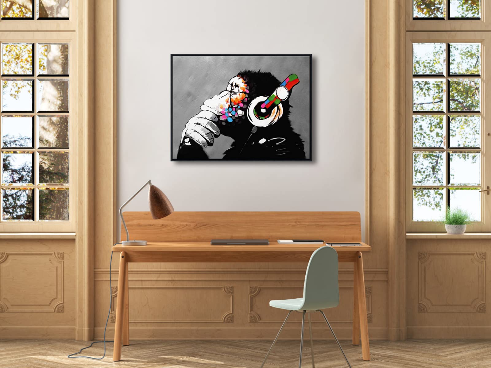 Banksy Monkey with Headphones Framed Canvas Wall Art – 33x25