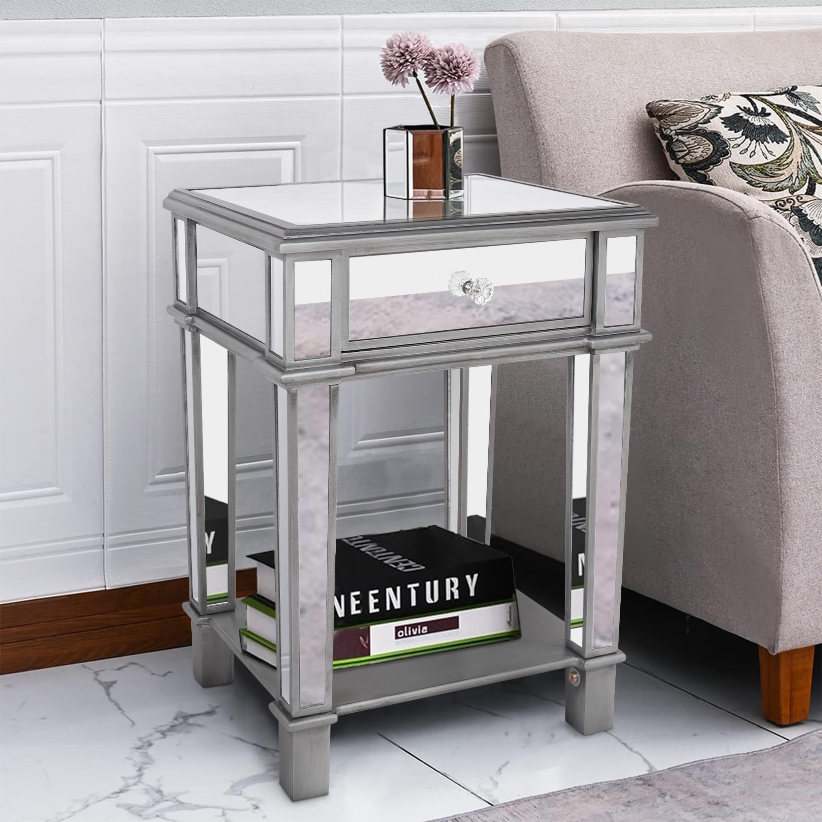 Artloge Mirrored Bedside Table – Silver Glass Nightstand with Drawer