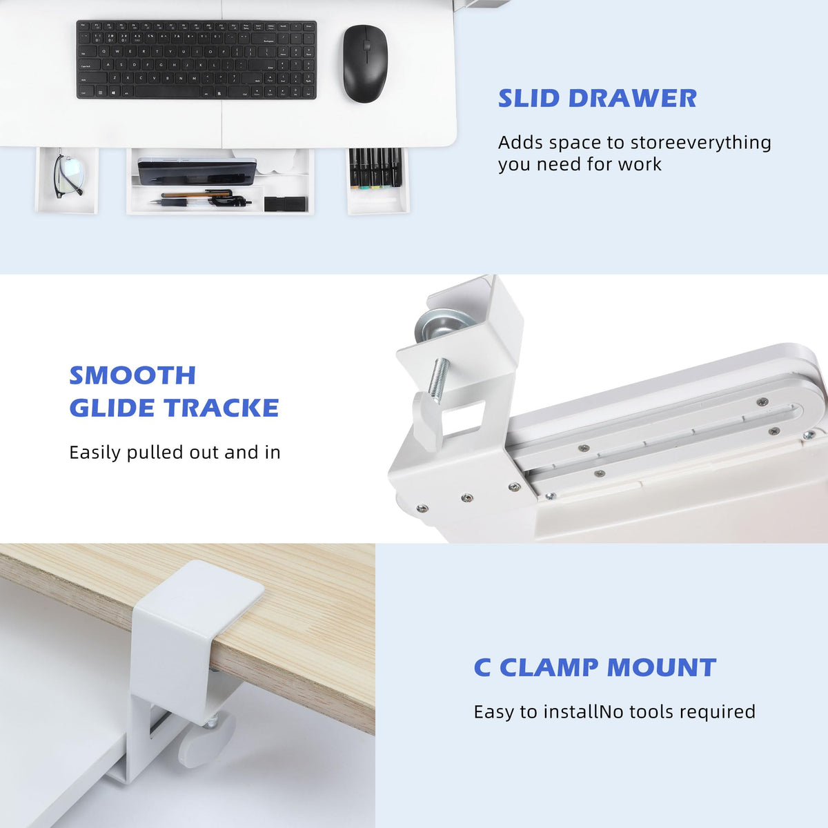 Keyboard Tray Under Desk with Drawer,26.77" X 11.81"Large Size Keyboard Tray with C Clamp-on Mount, Easy to Install, for Home Office White