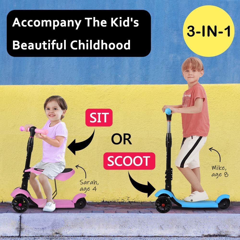 YOLEO 3-in-1 Kids Kick Scooter with Removable Seat and LED Wheels