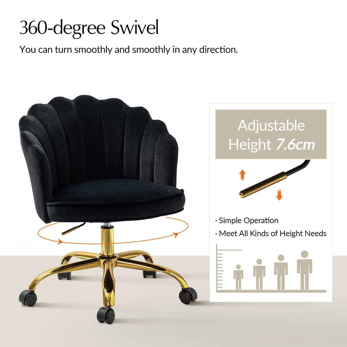 HULALA HOME Swivel Desk Chair with Gold Base and Scalloped Backrest, Black - image 3