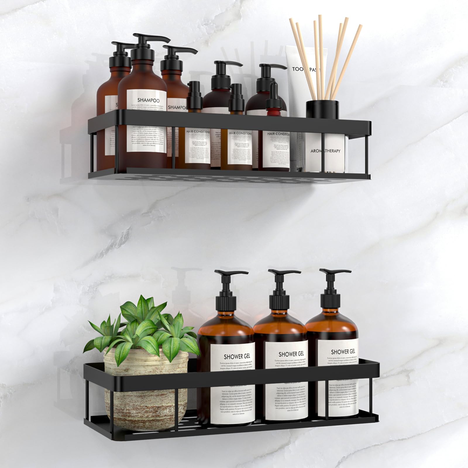UUlioyer Shower Caddy 2-Pack | Rustproof Adhesive Bathroom Shelf – Black