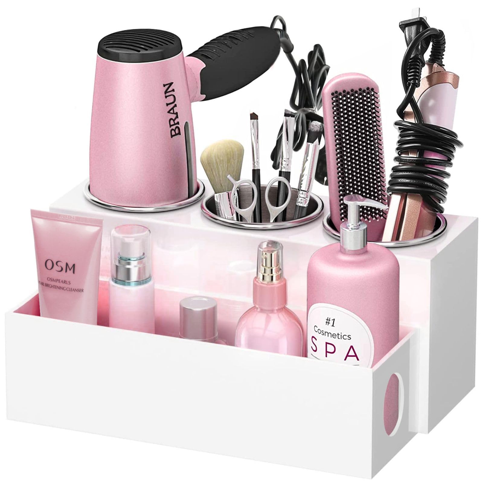 BYUNER Acrylic Hair Dryer Holder | 3-Cup Hair Tool Organizer for Vanity