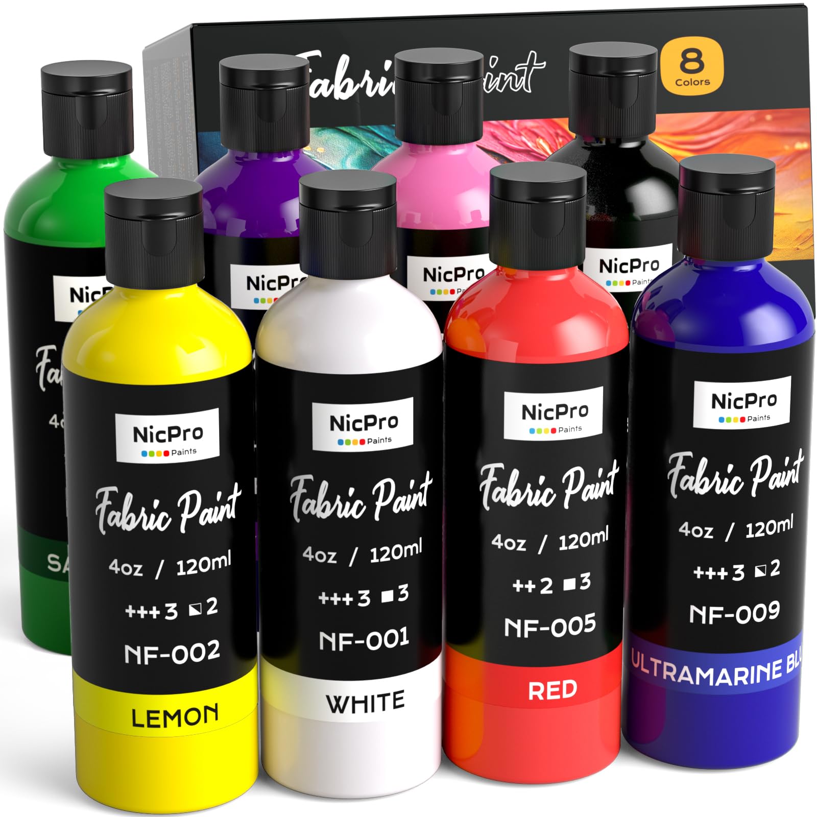 Nicpro 8 Colors Permanent Fabric Paint - Non-Toxic Textile Paint Set