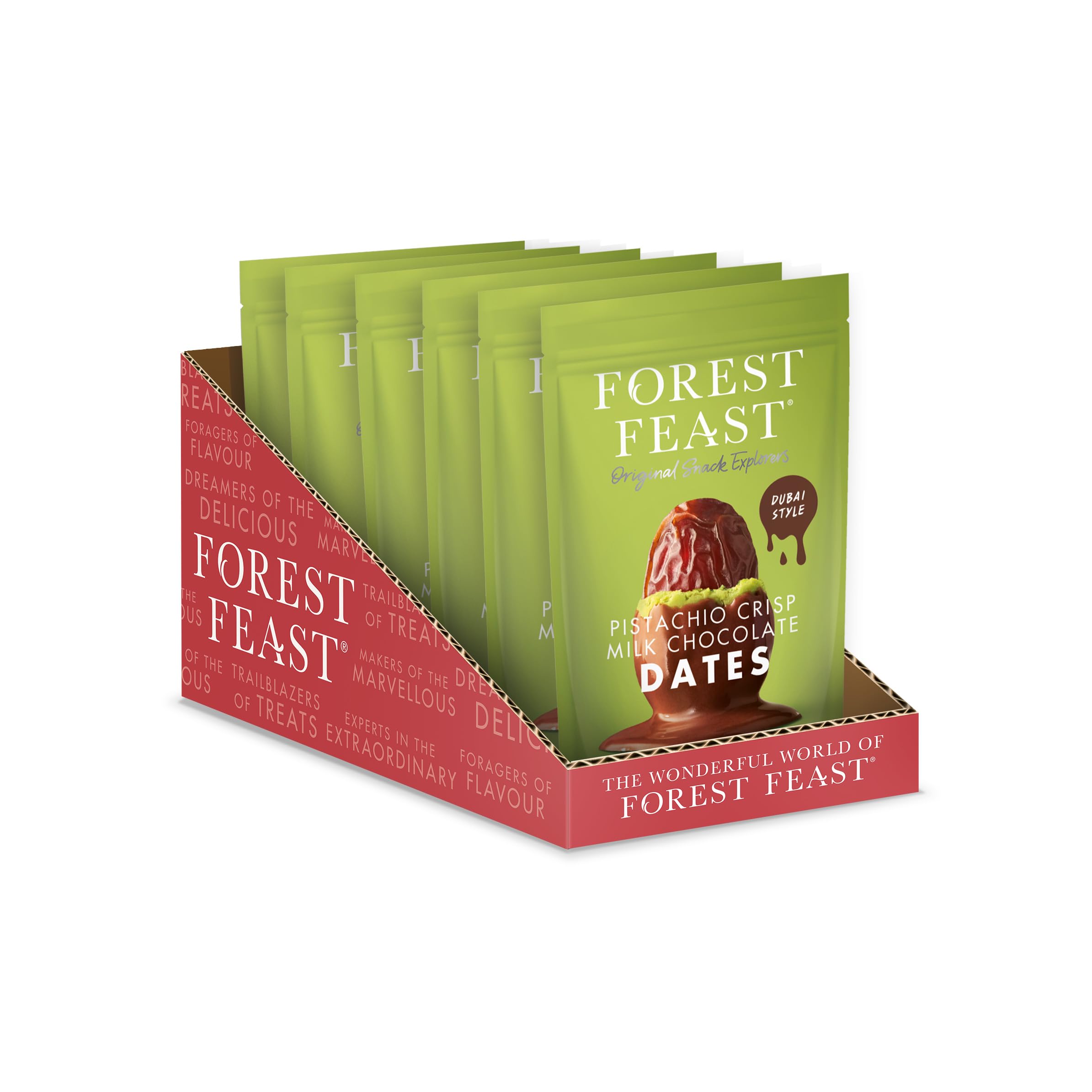 Forest Feast Dubai Style Pistachio Crisp Milk Chocolate Dates – 6 x 120g