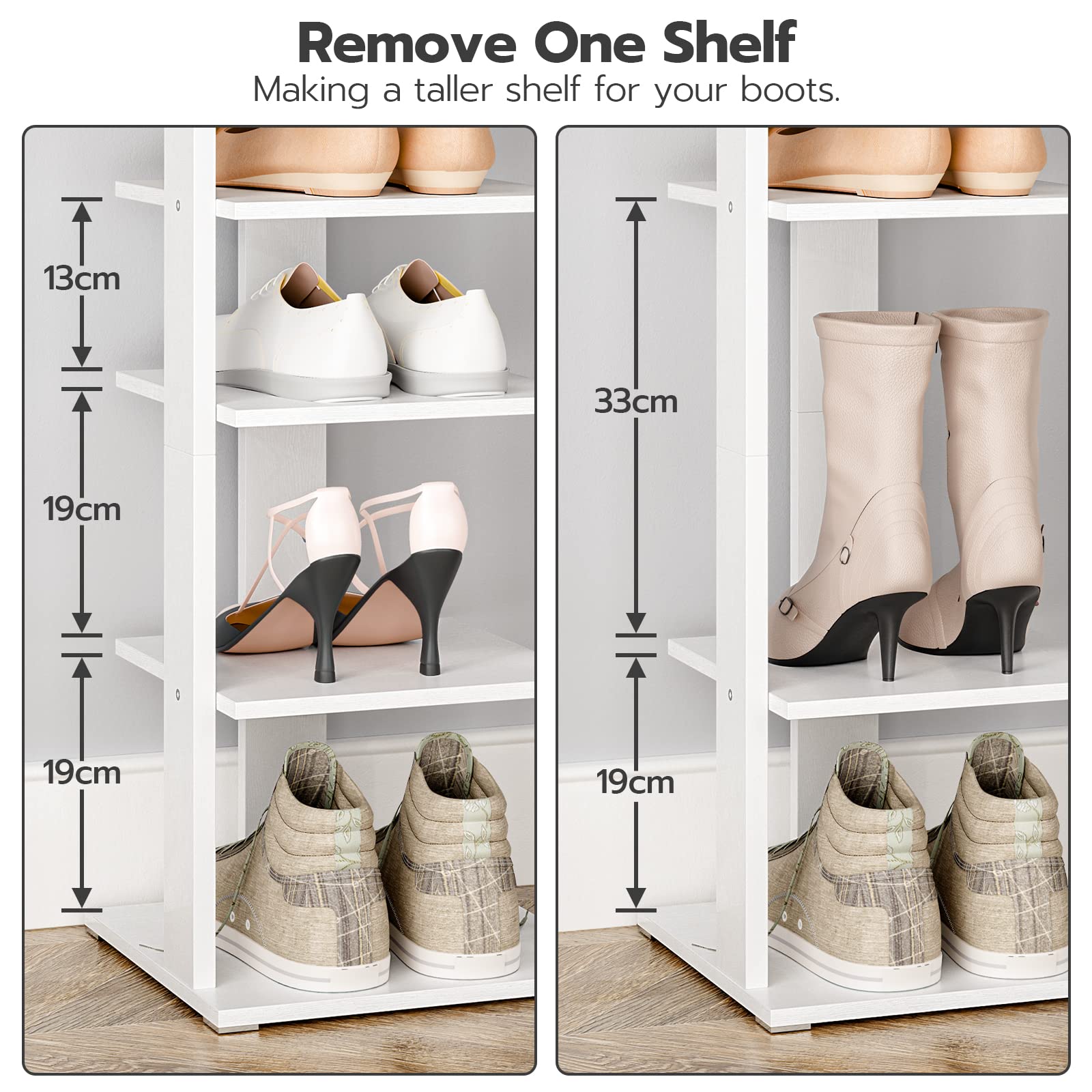 HOOBRO 8-Tier Narrow Shoe Rack – Tall White Wooden Vertical Storage Tower