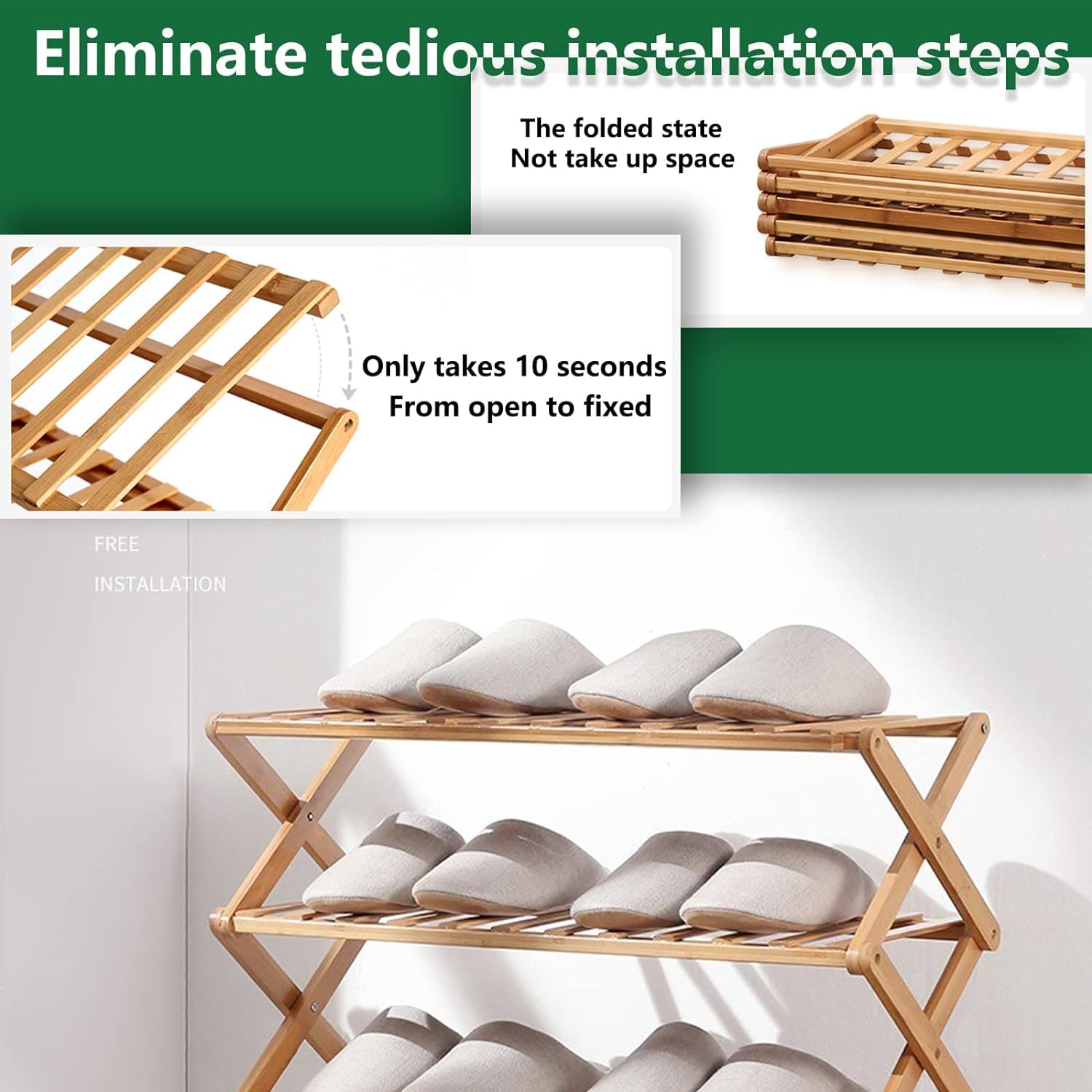 Glsety 4 Tier Bamboo Shoe Rack – Foldable No-Assembly Storage Organizer