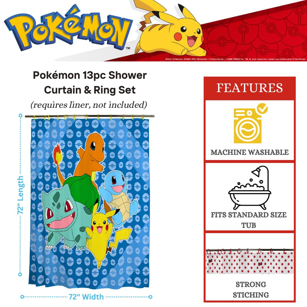 Franco Pokemon Anime 13 Piece Shower Curtain and Ring Set, 100% Officially Licensed Product