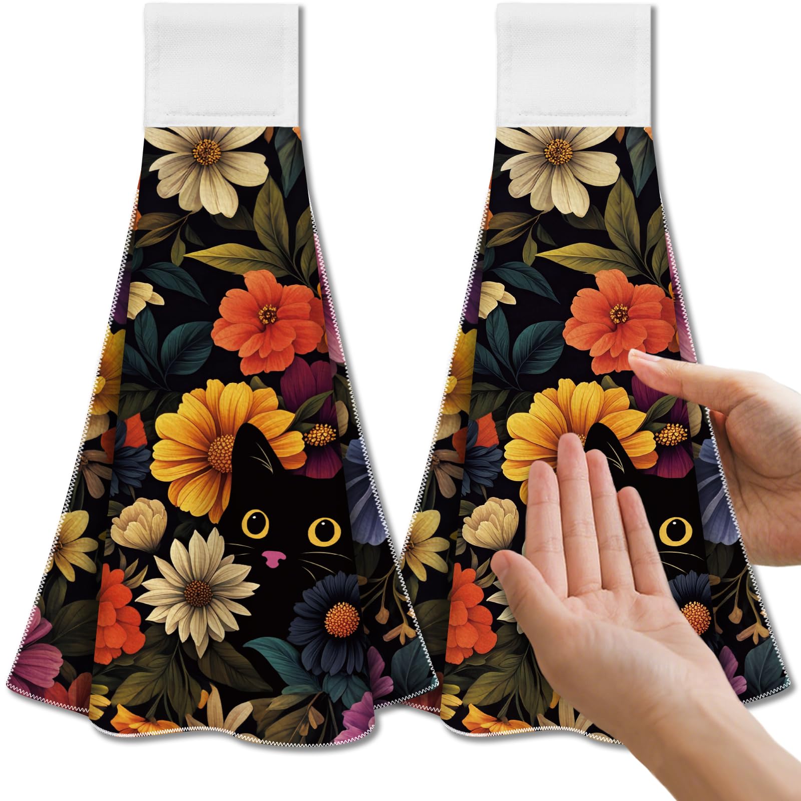 CUTHOLLOW Black Cat & Flower Hanging Kitchen Towels, Microfiber Set of 2