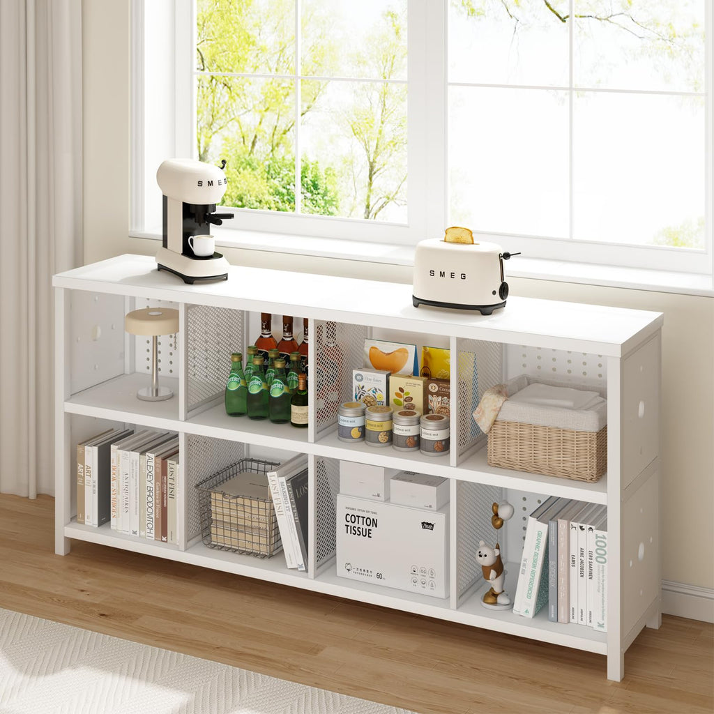 LVB White Horizontal Bookcase, Modern Bookshelf Cube Storage Organizer, Farmhouse Wide Large Wood Metal Book Shelf - image 4