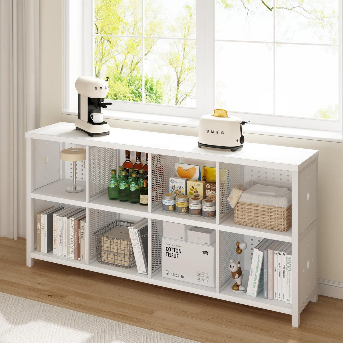 LVB White Horizontal Bookcase, Modern Bookshelf Cube Storage Organizer, Farmhouse Wide Large Wood Metal Book Shelf - image 4