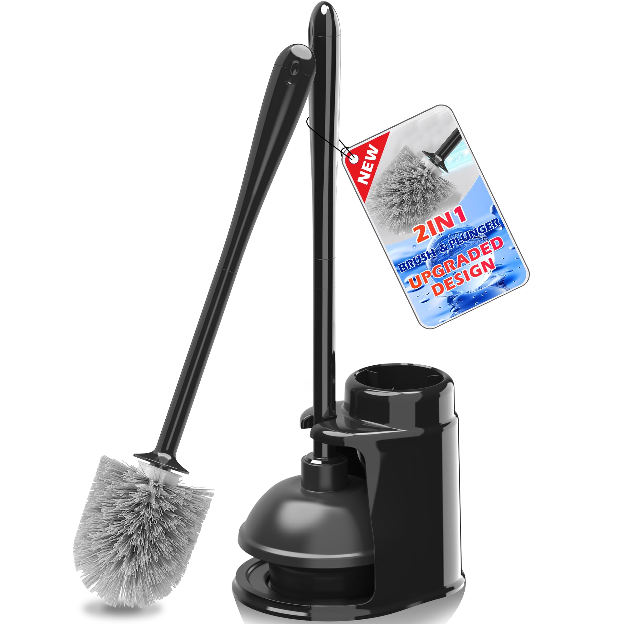 JEHONN Toilet Plunger and Brush Set with Holder and Hidden Tweezers – Black