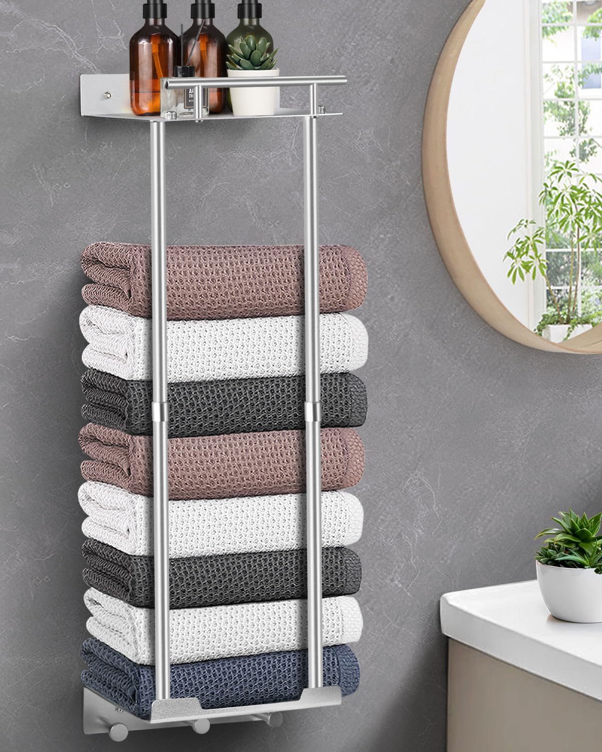 LIVEHITOP Adjustable Towel Rack – Wall Mounted Silver Holder with Shelf